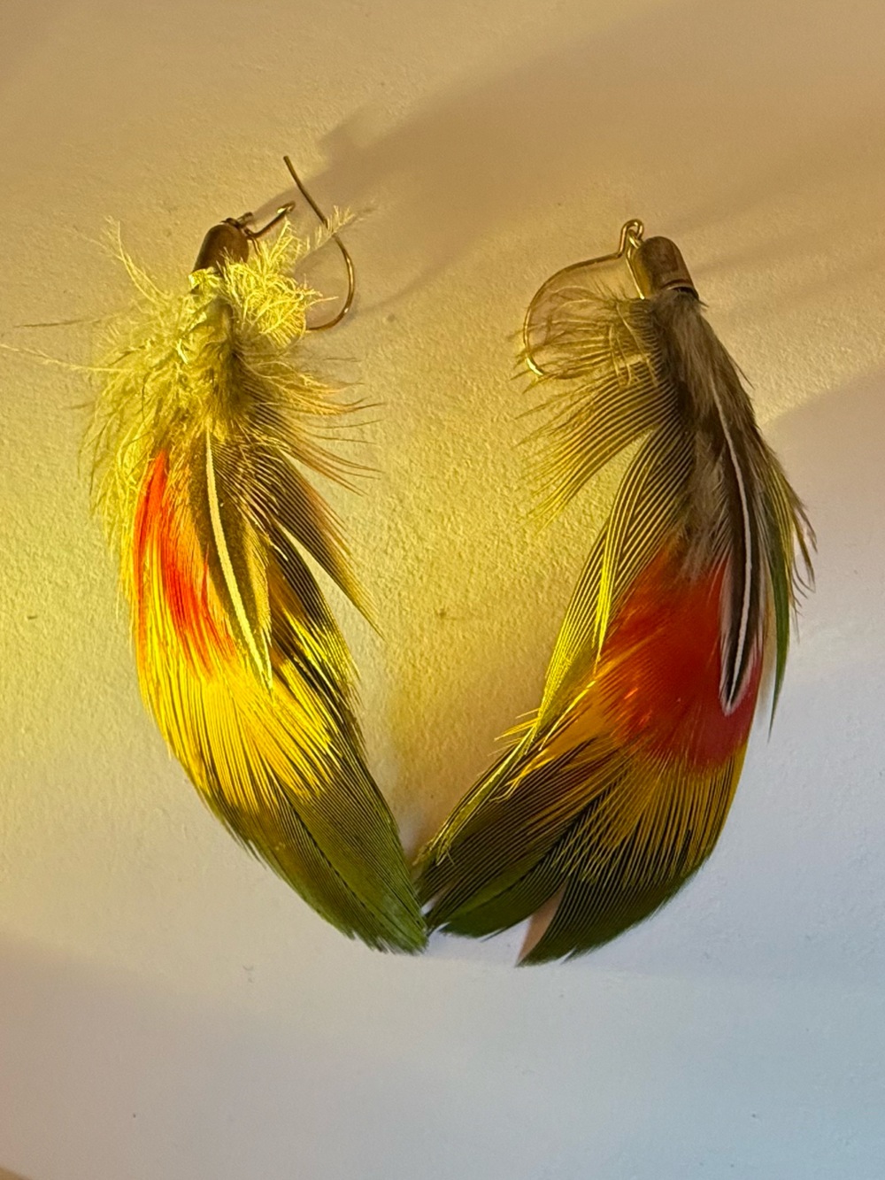 Boho Feather Earrings Colorful Green Orange Artisan Statement Earrings